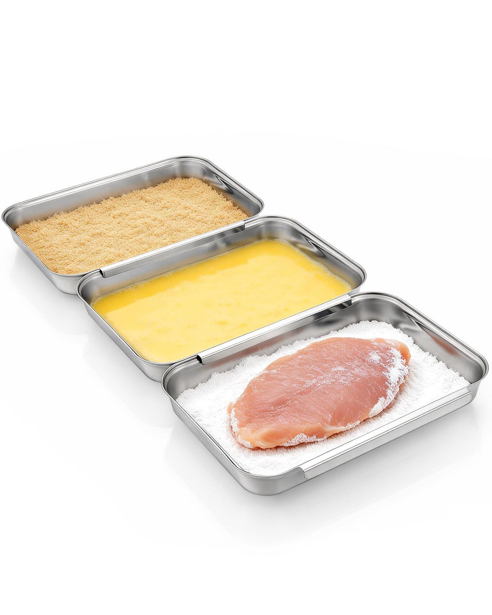 FANGSUN Breading Trays interlocking set ready for three-step breading station to keep counters clean.