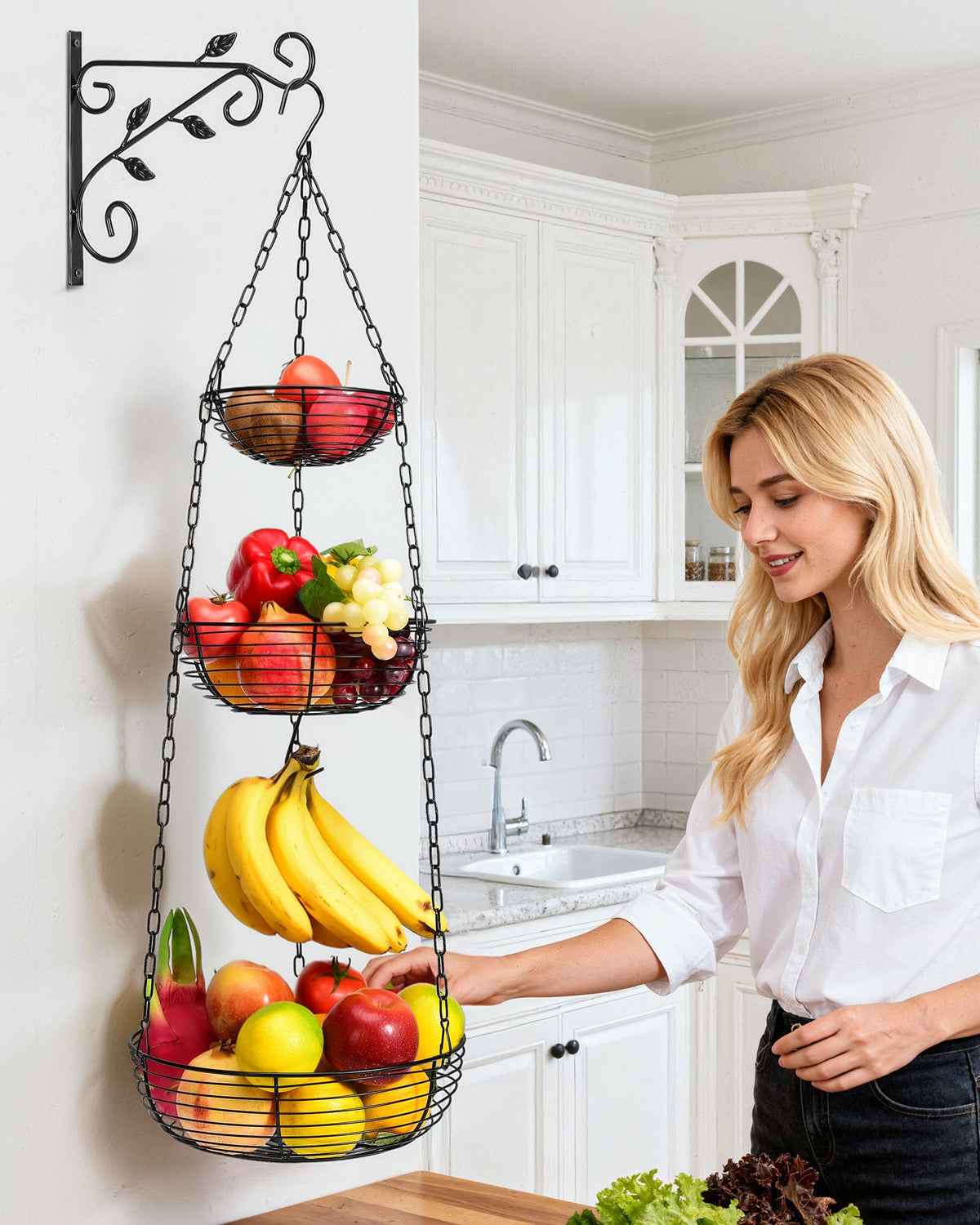 FANGSUN wire baskets with leaf-shaped bracket showcase airy storage for produce.