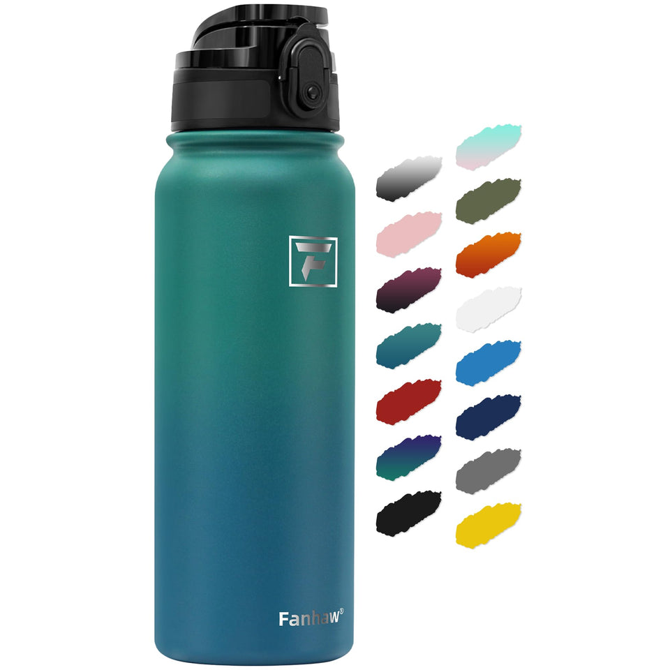 Fanhaw 20 oz insulated bottle in green blue, front view, keeps beverages cold on the go