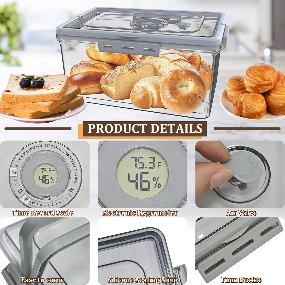 Fanlory bread box silicone seal provides airtight freshness.