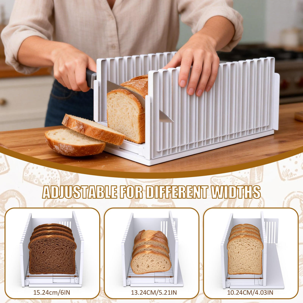 Fanlory bread slicer adjustable width guide for perfect loaf slices.