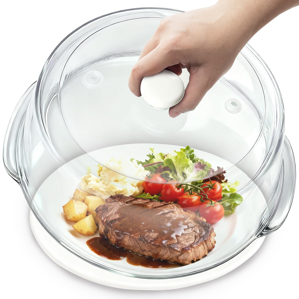 FANQIEW glass microwave splatter cover with 10 inch dome protecting meals while monitoring heating
