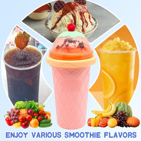 Pour and squeeze action shows the cup transforming milk or juice into a slush.