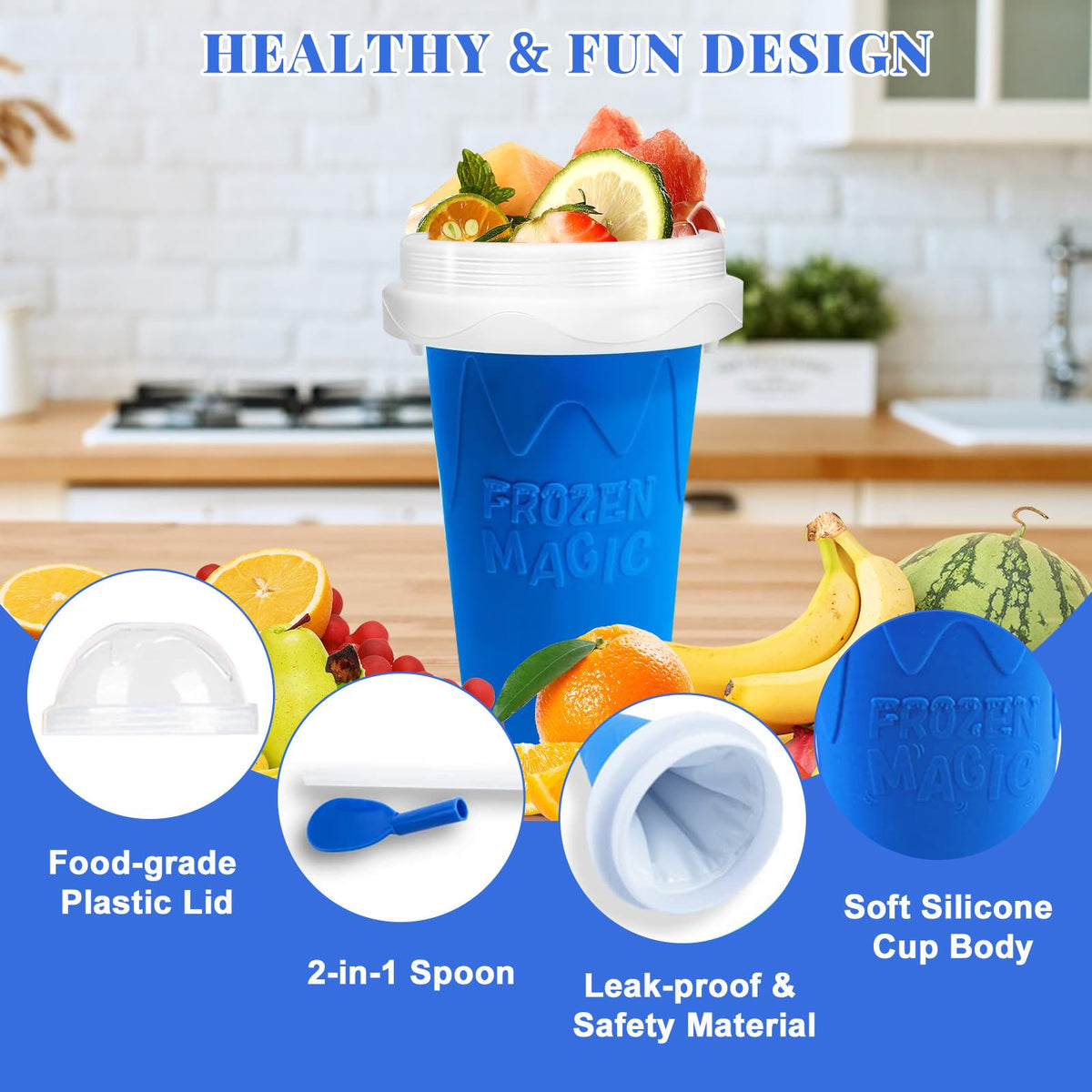 FANS-ONE Slushie Cup squeeze-action creates a fluffy slush texture