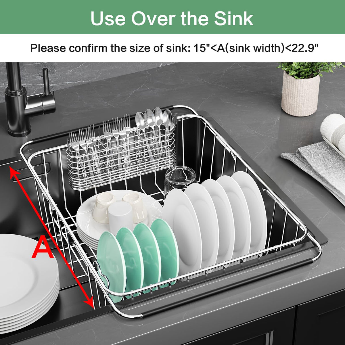 Fanbsy dish drainer with adjustable arms for different sink sizes.