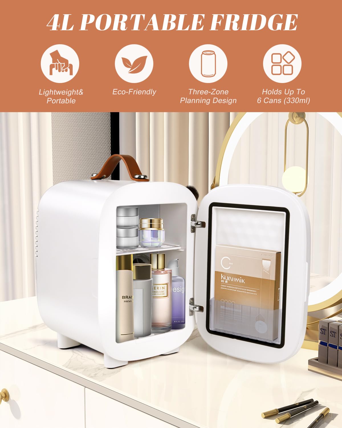 FANSEXPERT 4L storage with adjustable shelf keeps drinks and skincare organized.