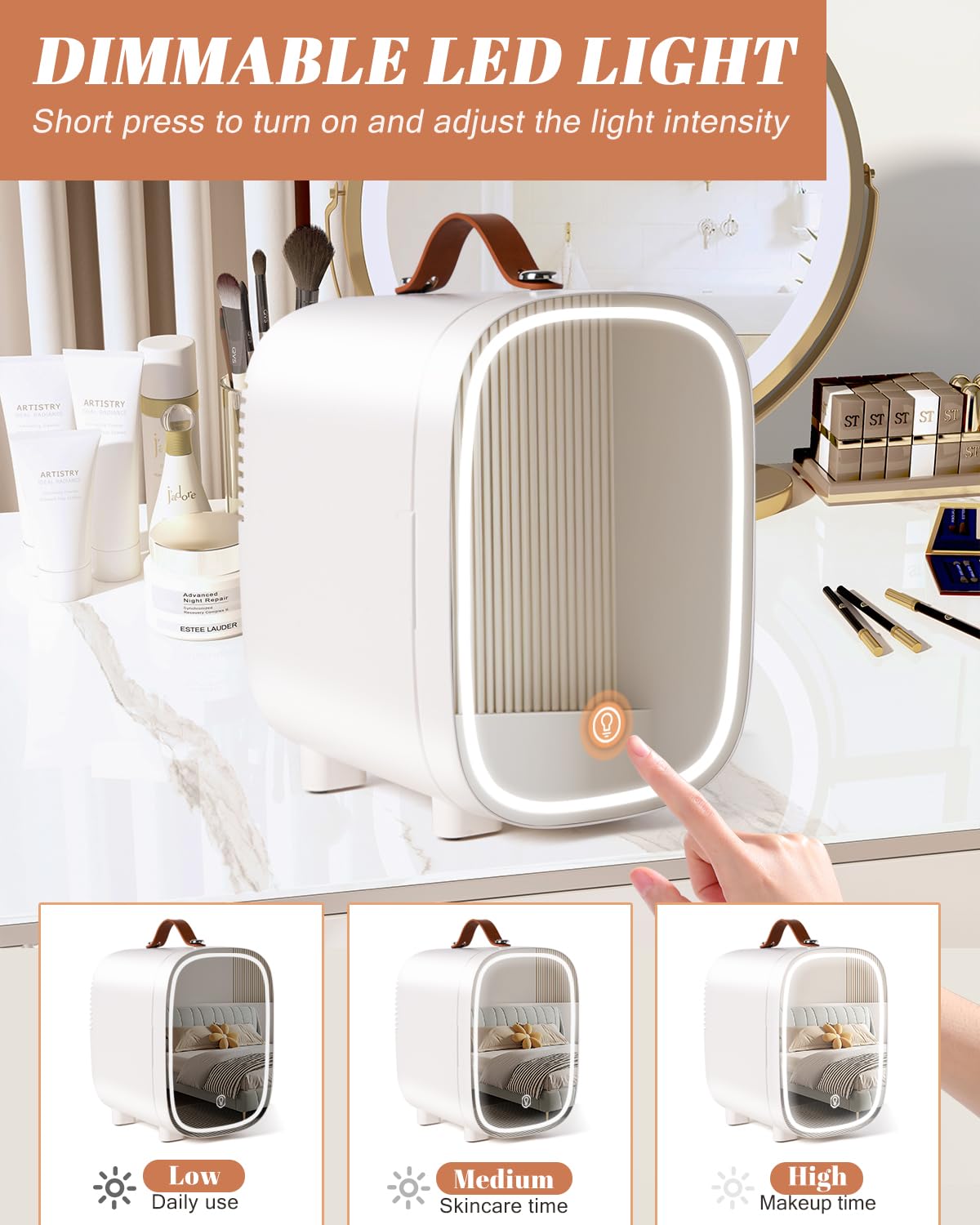 FANSEXPERT mini fridge cooling and heating in action for skincare and drinks.