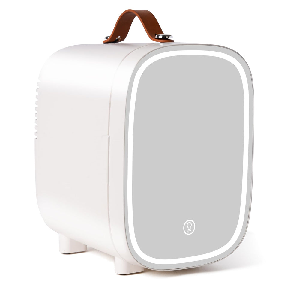 FANSEXPERT mini fridge with LED mirror door for makeup and skincare on the go.