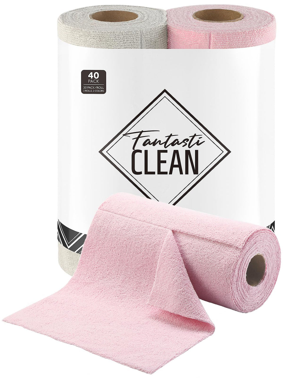 Fantasticlean tear-away dish cloth roll in pink-gray for quick spill cleanup.