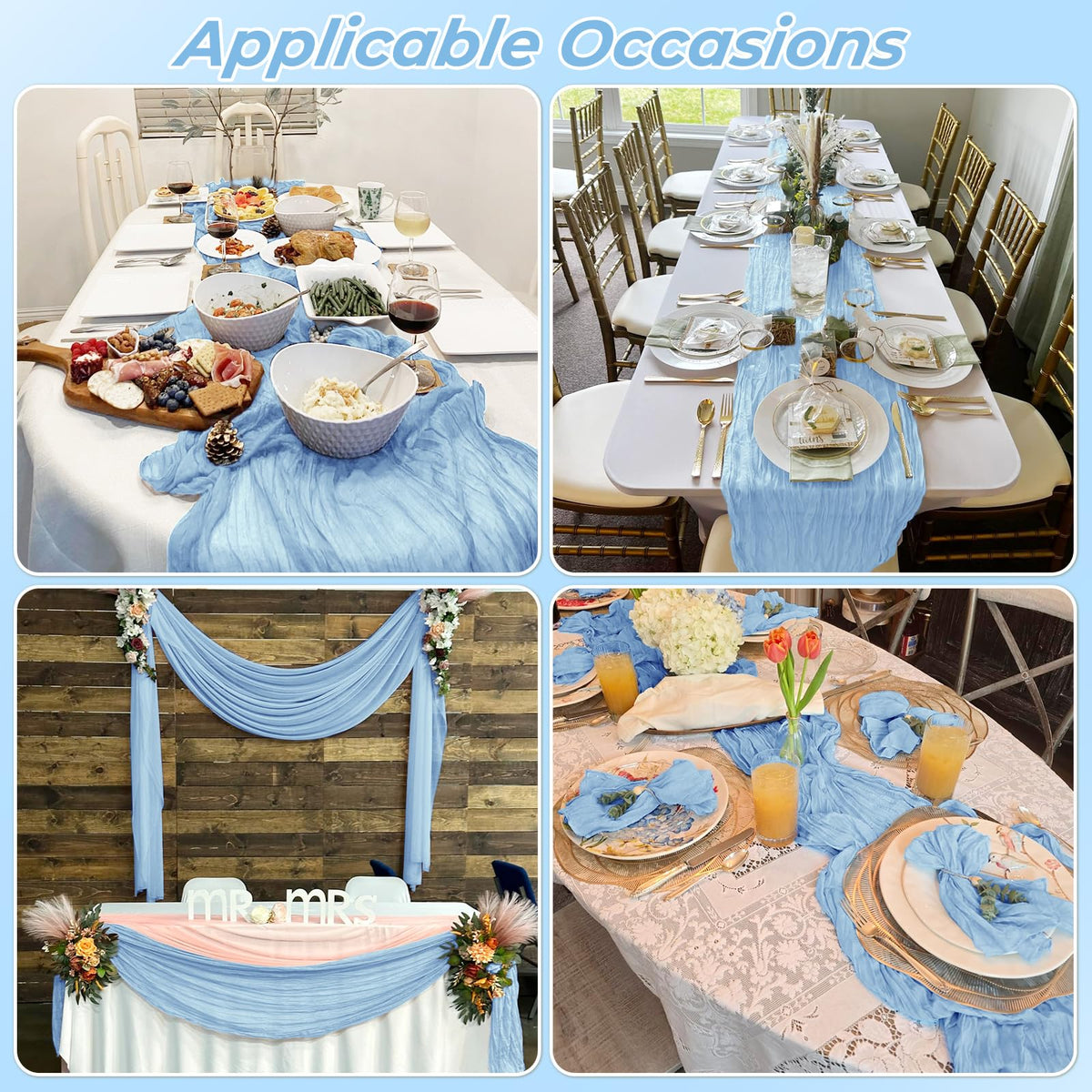 FANTEKE baby blue cheesecloth runner care-ready, machine-washable with gentle cycle.
