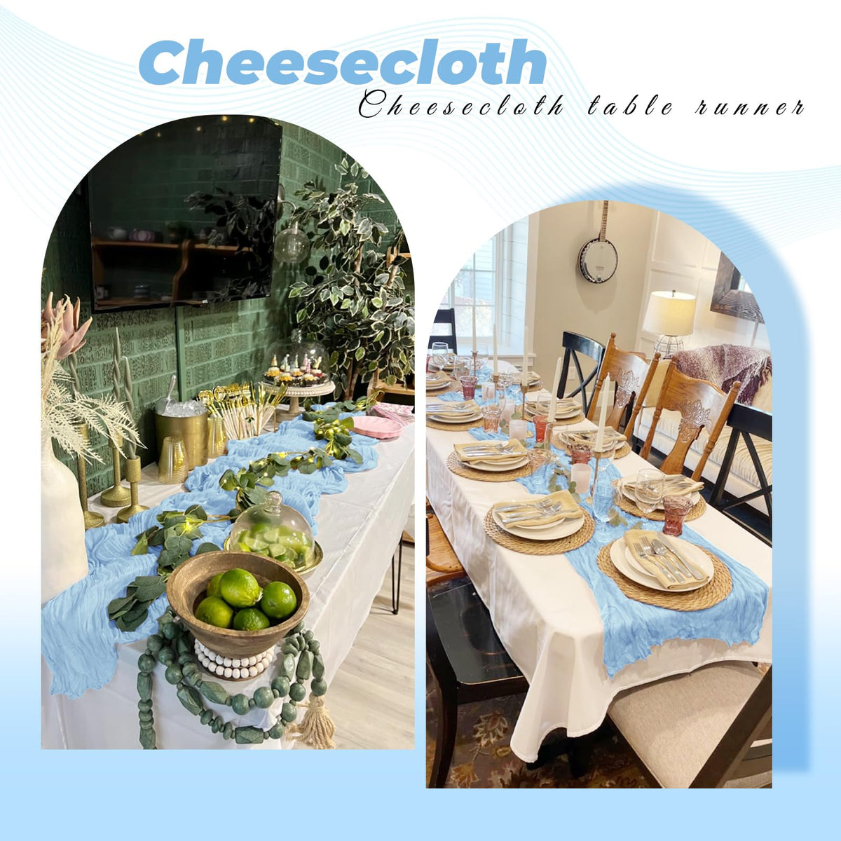 FANTEKE cheesecloth runner decor for dessert table, soft drape and gentle sheen.