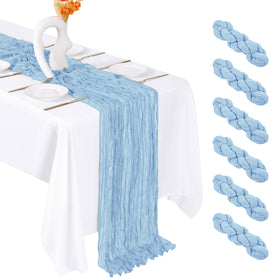 FANTEKE baby blue cheesecloth table runner 6-pack, front view, elegant drape for events.