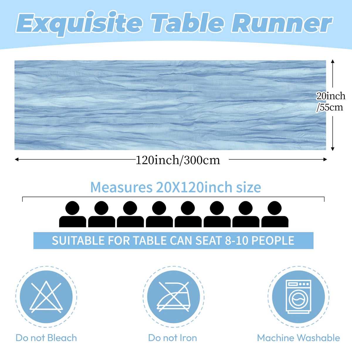FANTEKE baby blue cheesecloth runner, draped table setting, adds romantic texture.