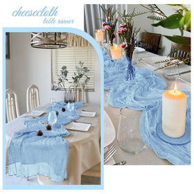FANTEKE baby blue cheesecloth runner for wedding decor, creates elegant tablescape.