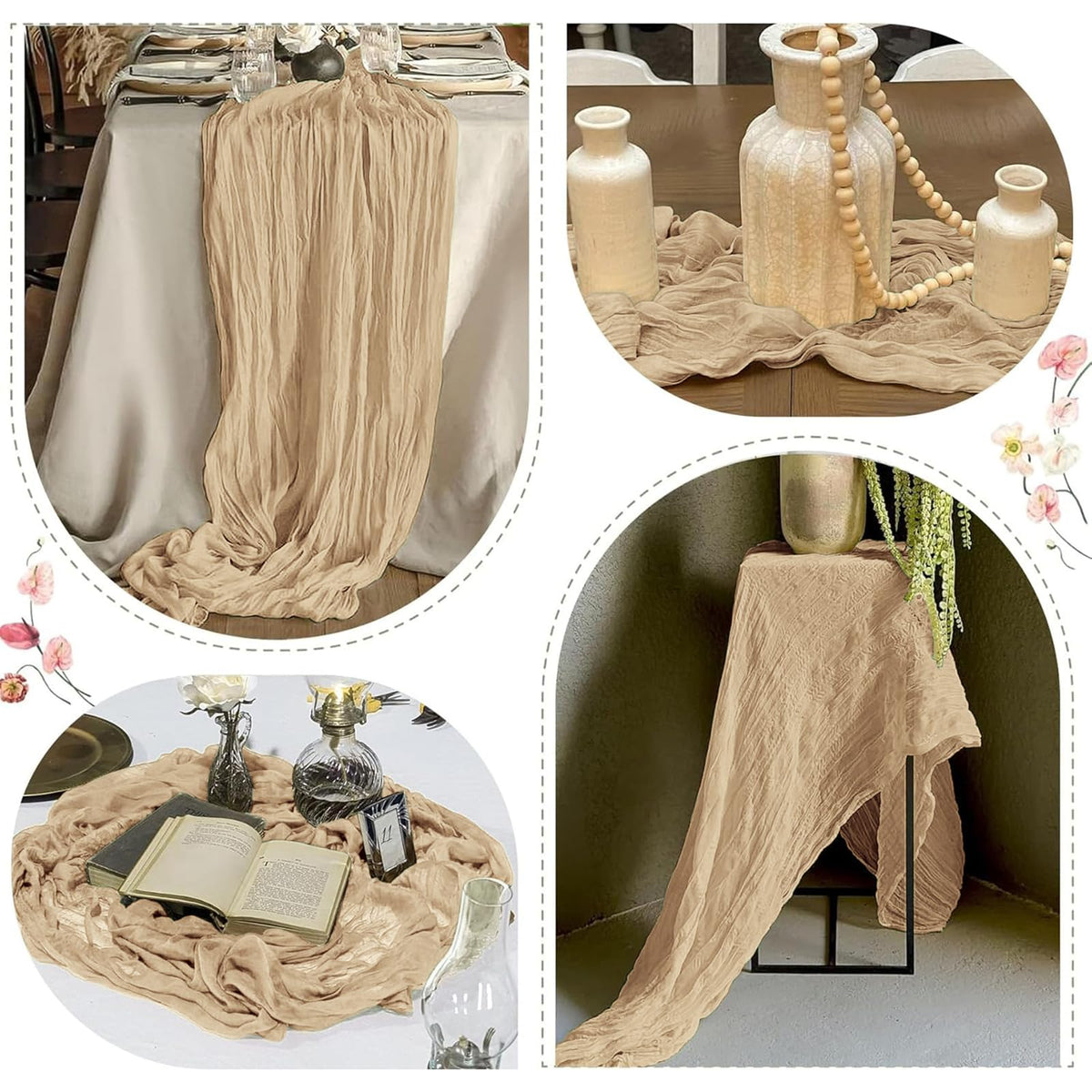 FANTEKE beige cheesecloth on fireplace shelf enhances cozy styling.