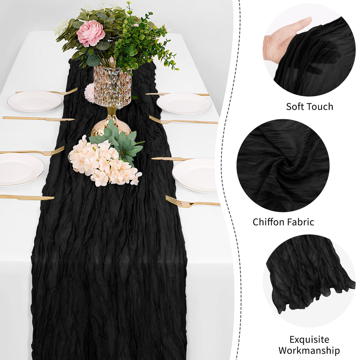 FANTEKE cheesecloth runner used as chair ties for elegant seating