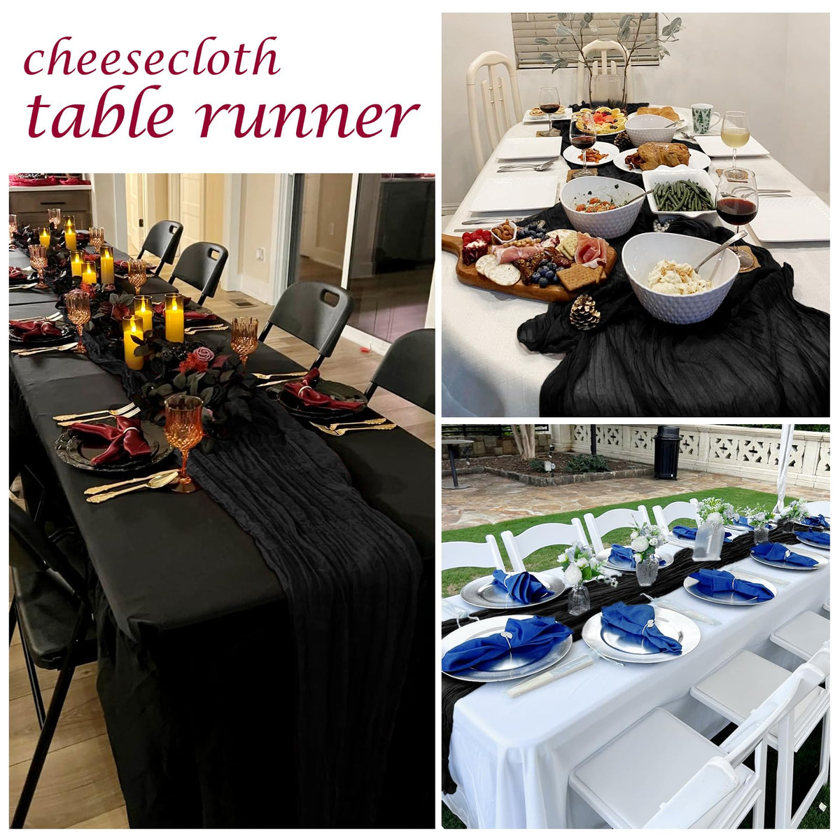 FANTEKE easy-care black cheesecloth table runner, machine washable