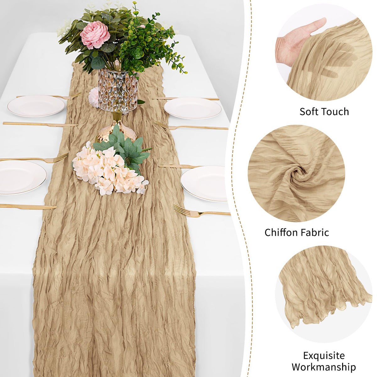 FANTEKE cheesecloth runner doubles as chair ties and arch decor.