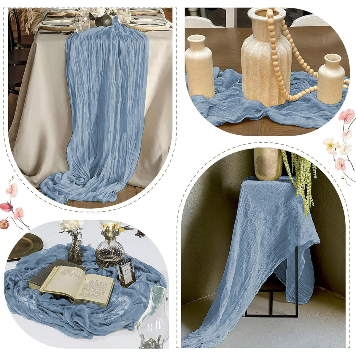 FANTEKE dusty blue cheesecloth runner is easy to care for after events