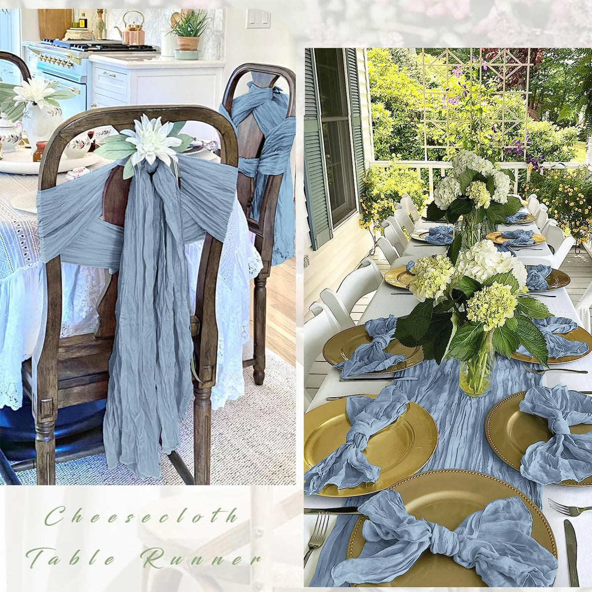 FANTEKE dusty blue table runner offers soft touch and graceful drape for stylish table decor