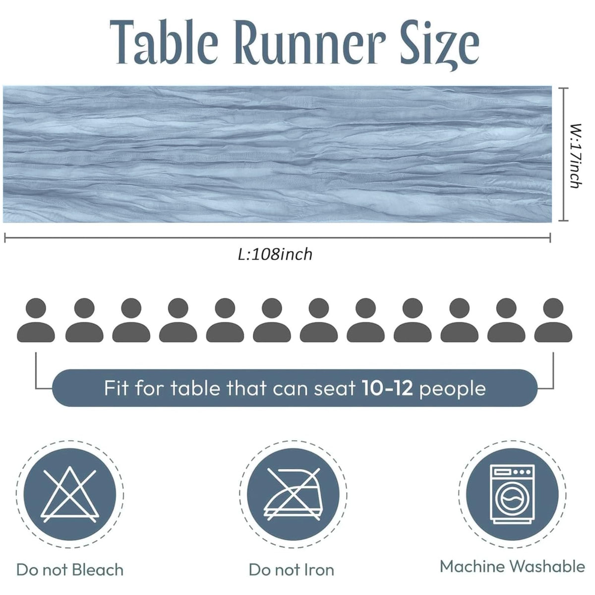 FANTEKE dusty blue cheesecloth runner shows wrinkle texture for elegant banquet setups