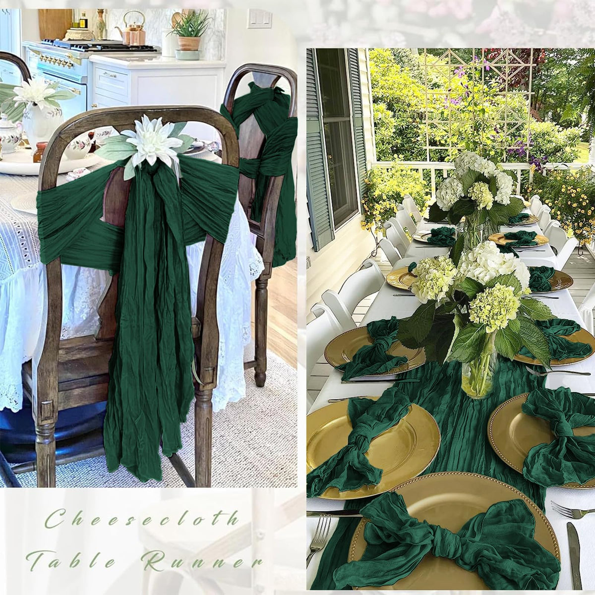 FANTEKE emerald green cheesecloth runner laid across a banquet table with romantic lighting