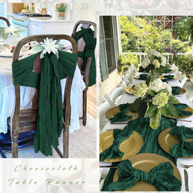FANTEKE emerald green cheesecloth runner laid across a banquet table with romantic lighting