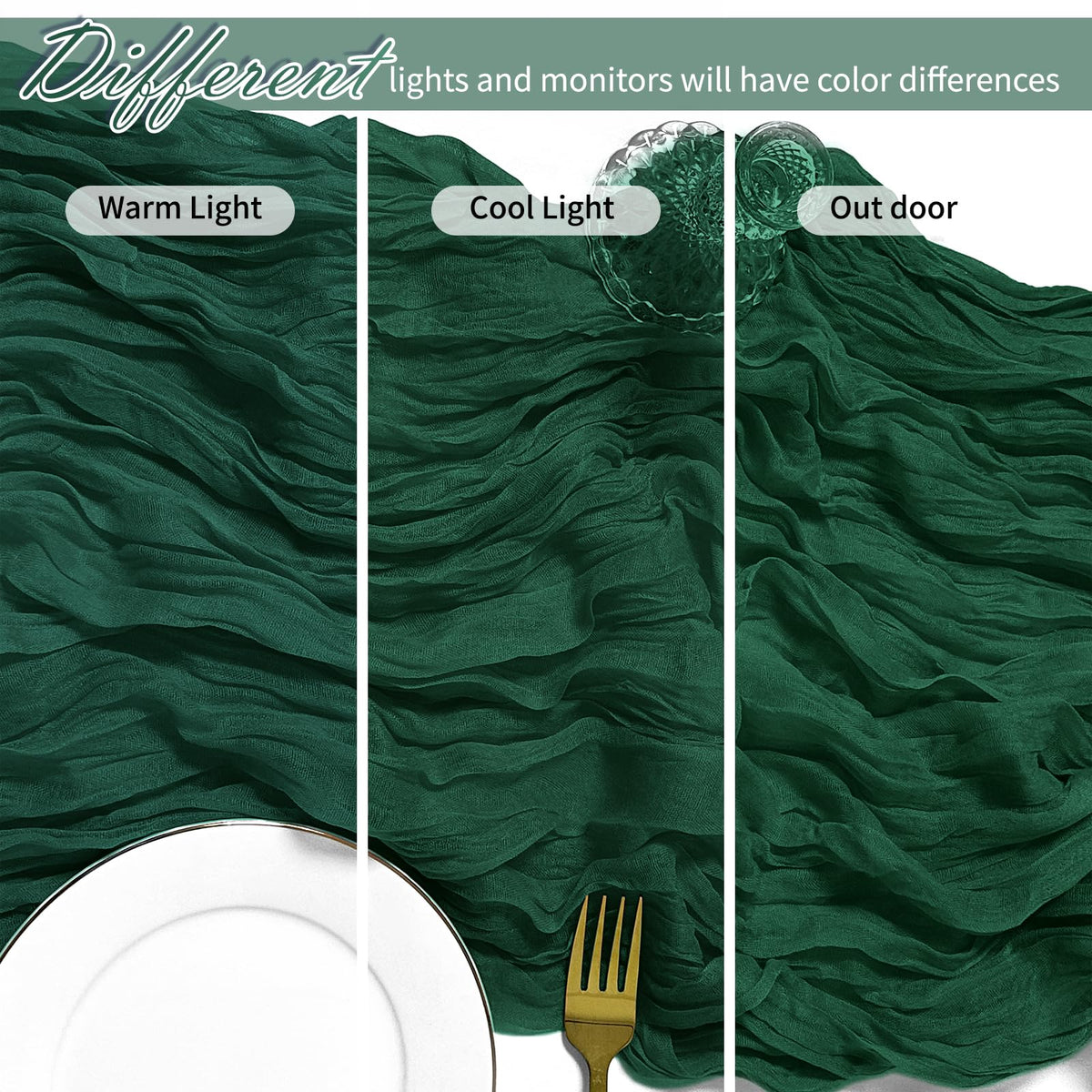 FANTEKE emerald green cheesecloth runner used as chair ties for elegant event decor