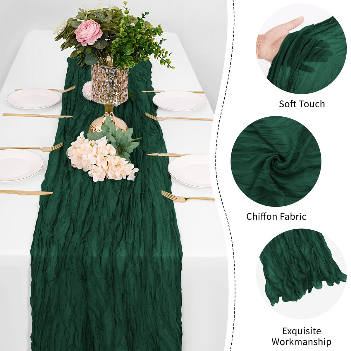 FANTEKE emerald green cheesecloth runner on dessert table creates refined ambiance