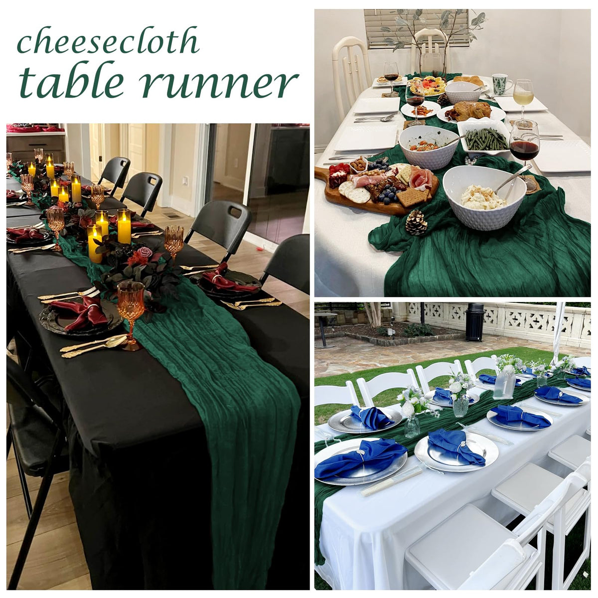 FANTEKE emerald green cheesecloth runner displayed with greenery for rustic chic wedding table