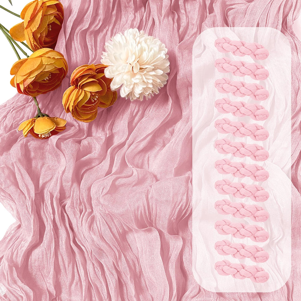 FANTEKE light pink cheesecloth table runner draped for a romantic rustic wedding table