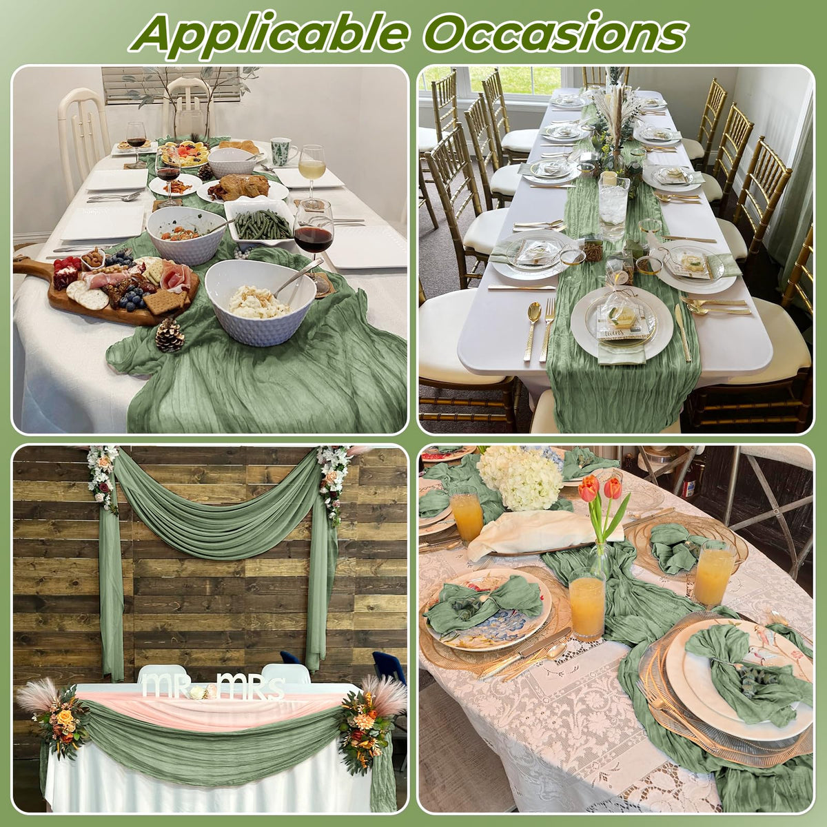 FANTEKE bulk-pack 12 sage green cheesecloth table runners for events.