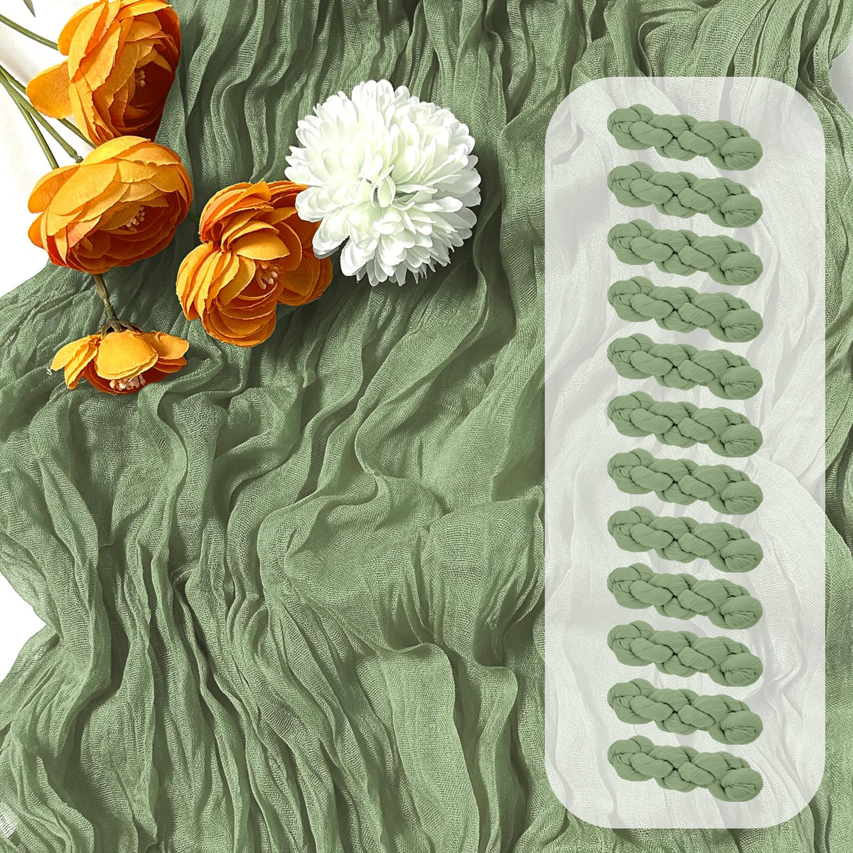 FANTEKE sage green cheesecloth table runner with wrinkle texture for elegant dining.