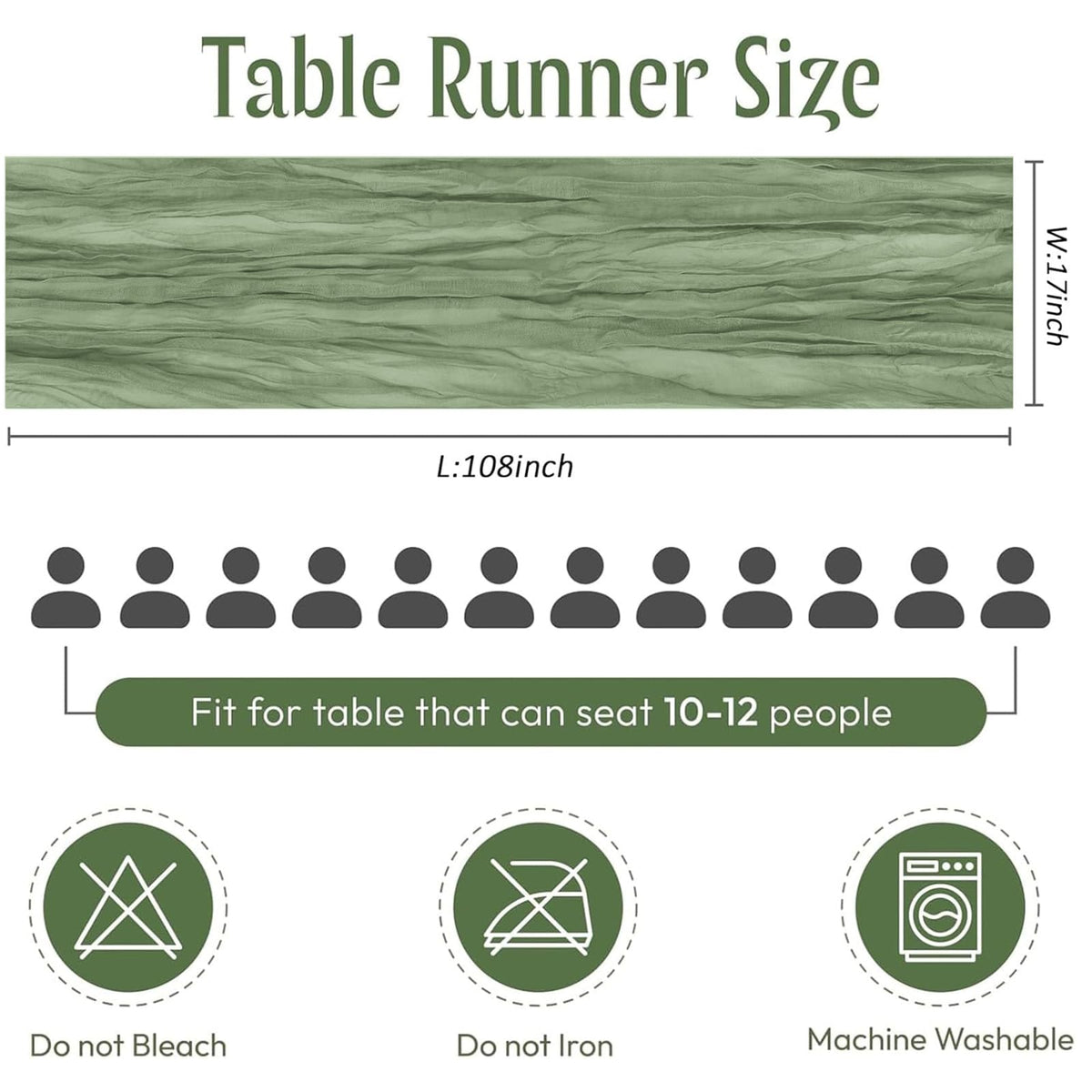 FANTEKE sage green table runner draped on banquet table for rustic wedding ambiance.