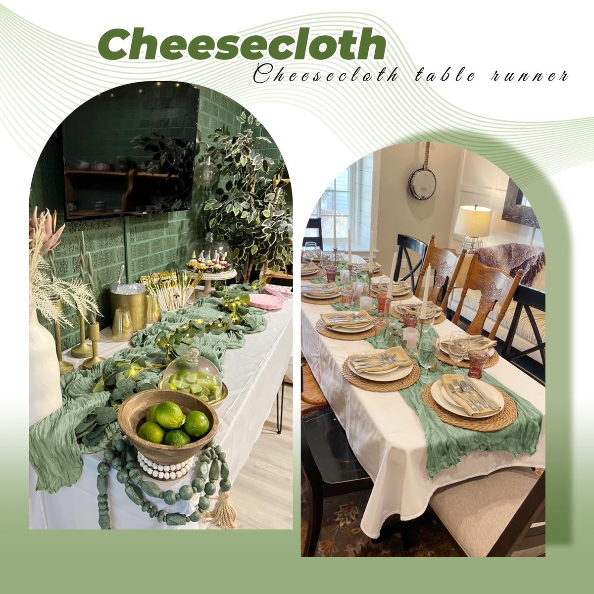 FANTEKE sage green cheesecloth arch-decoration elevates decor.