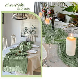 FANTEKE sage green cheesecloth table runner used as chair ties.
