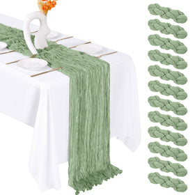 FANTEKE sage green cheesecloth table runner drape for elegant dining ambiance.