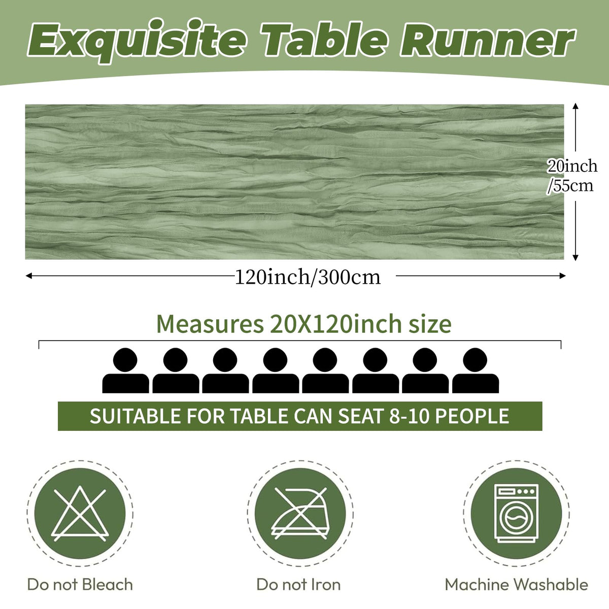 FANTEKE sage green cheesecloth-table-runner wrinkle texture adds rustic charm.