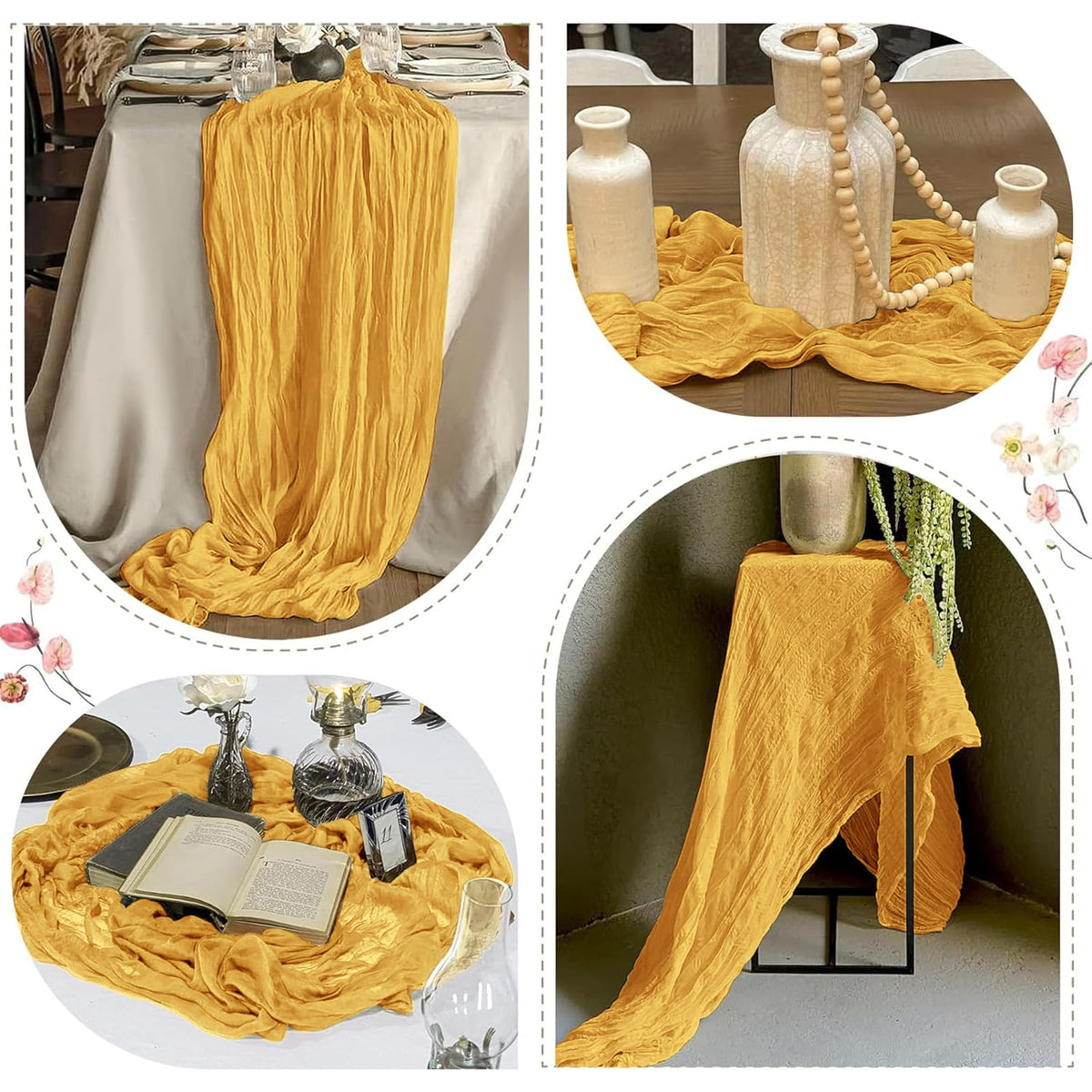 FANTEKE wedding arch decor using gold cheesecloth runner for backdrop