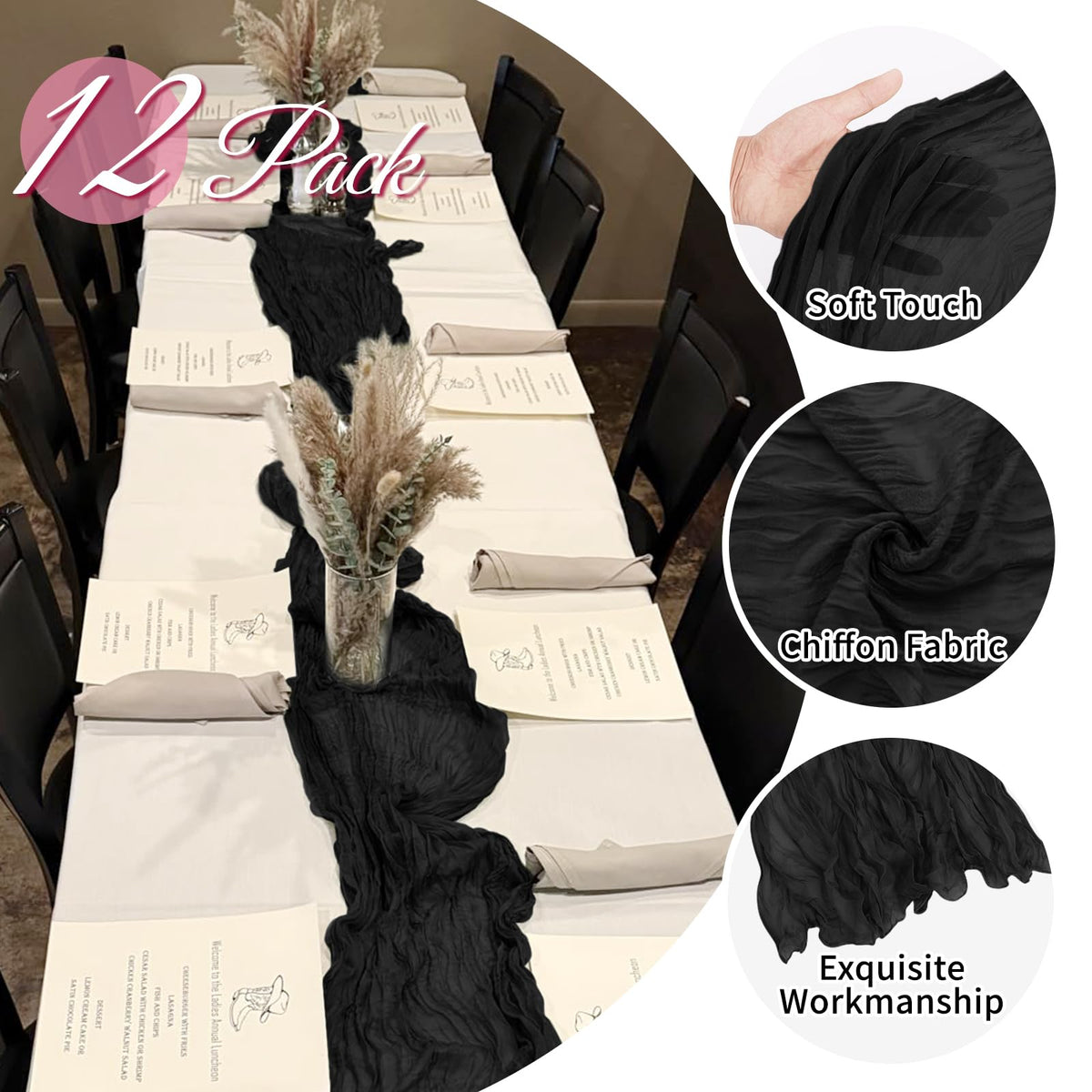 FANTEKE wedding table decor cheesecloth runner in black adds chic ambiance