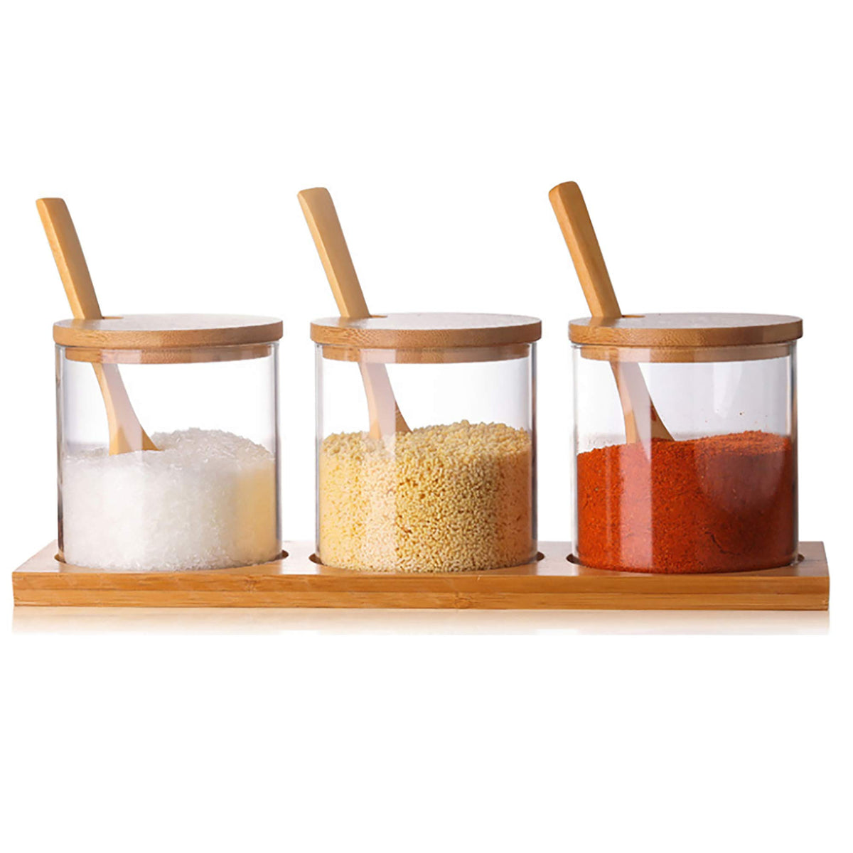 FANTESTICRYAN 3-piece condiment canisters on bamboo tray for organized kitchen storage