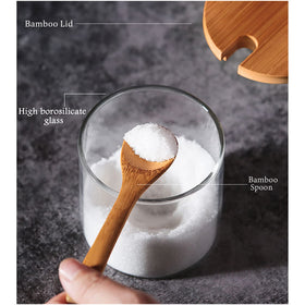FANTESTICRYAN condiment canister set on a bamboo base keeps counters tidy