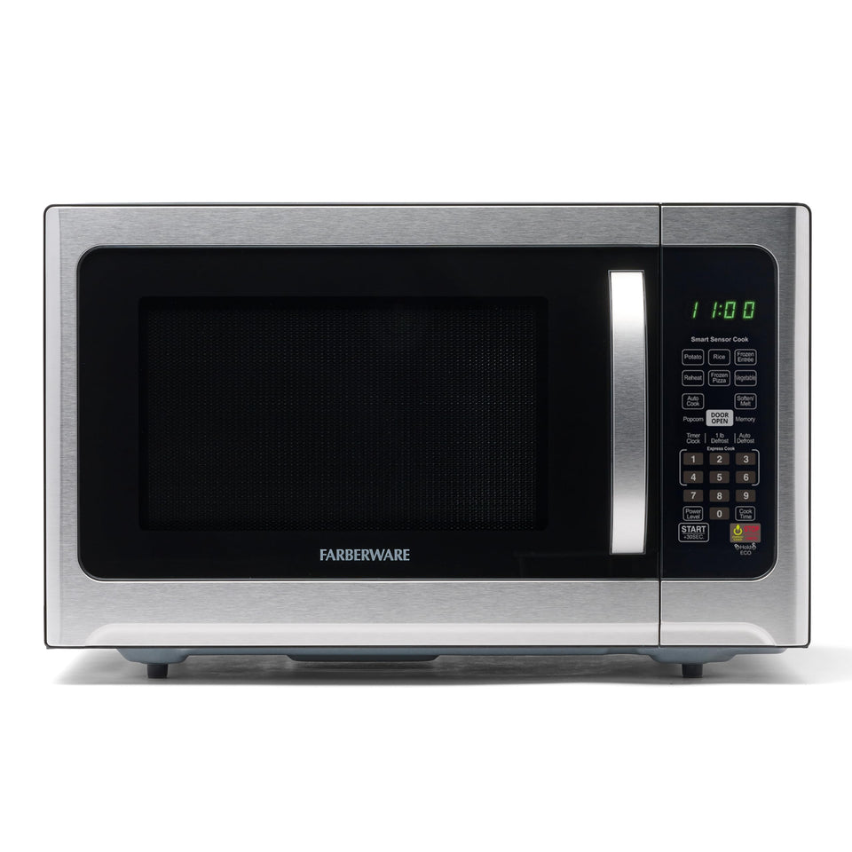 Farberware 1000W microwave front view in stainless steel for quick meals
