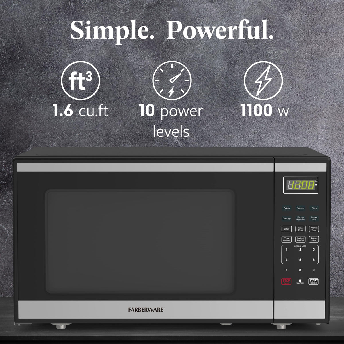 Farberware 1100W countertop microwave with turntable and cooking area