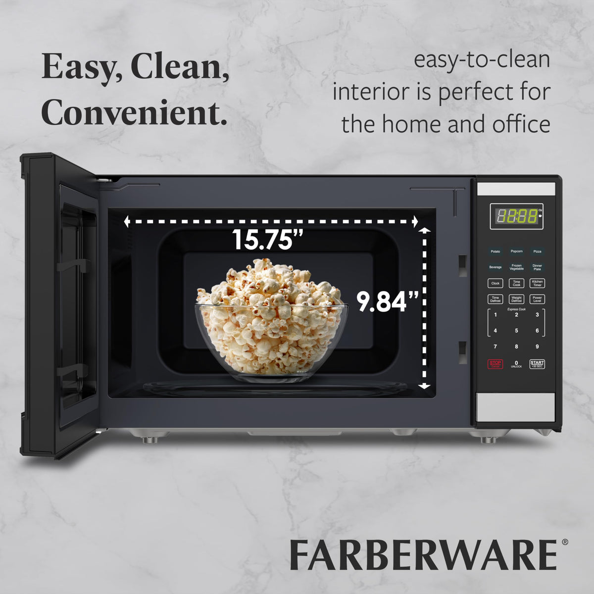 Farberware microwave displaying auto-cook programs for quick meals
