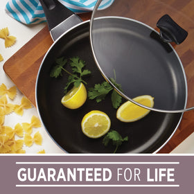 Farberware 6-quart jumbo cooker with glass lid, even heating and easy cleanup.