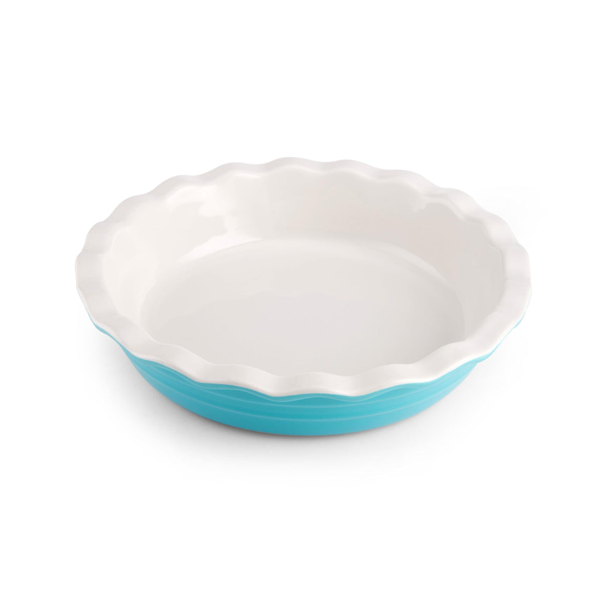 Farberware Bakers Advantage pie dish with teal scalloped edge, ideal for oven-to-table serving.