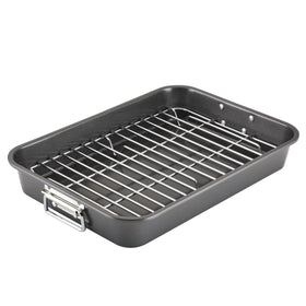 Farberware bakeware nonstick roaster with flat rack for easy release.