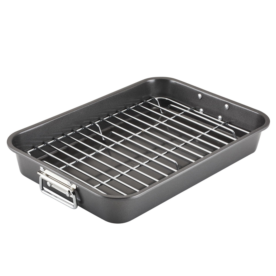 Farberware bakeware nonstick roaster with flat rack for easy release.