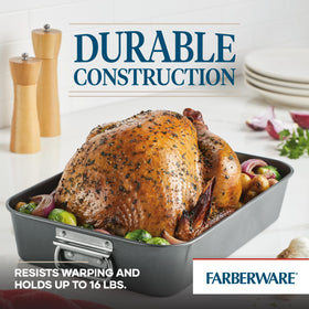 Farberware roaster oven-safe up to 450°F for versatile baking.